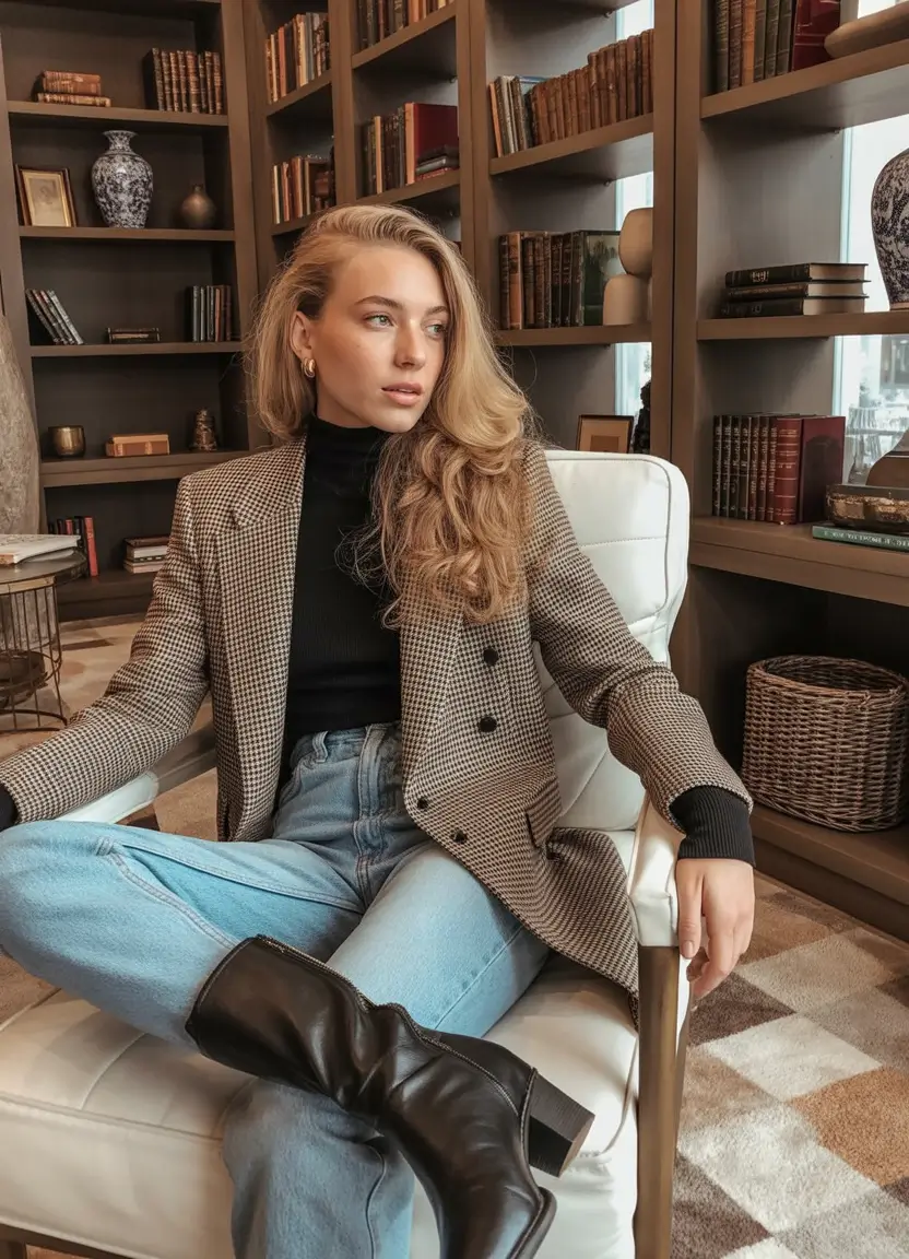 winter work outfits for women casual cold Blazer with Jeans and Boots