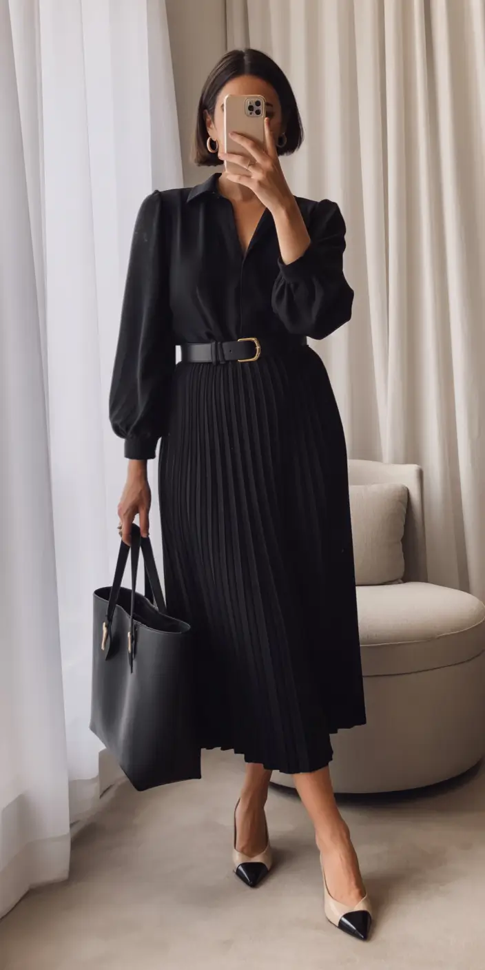 winter work outfits for women formal All-Black Pleated Dress Ensemble