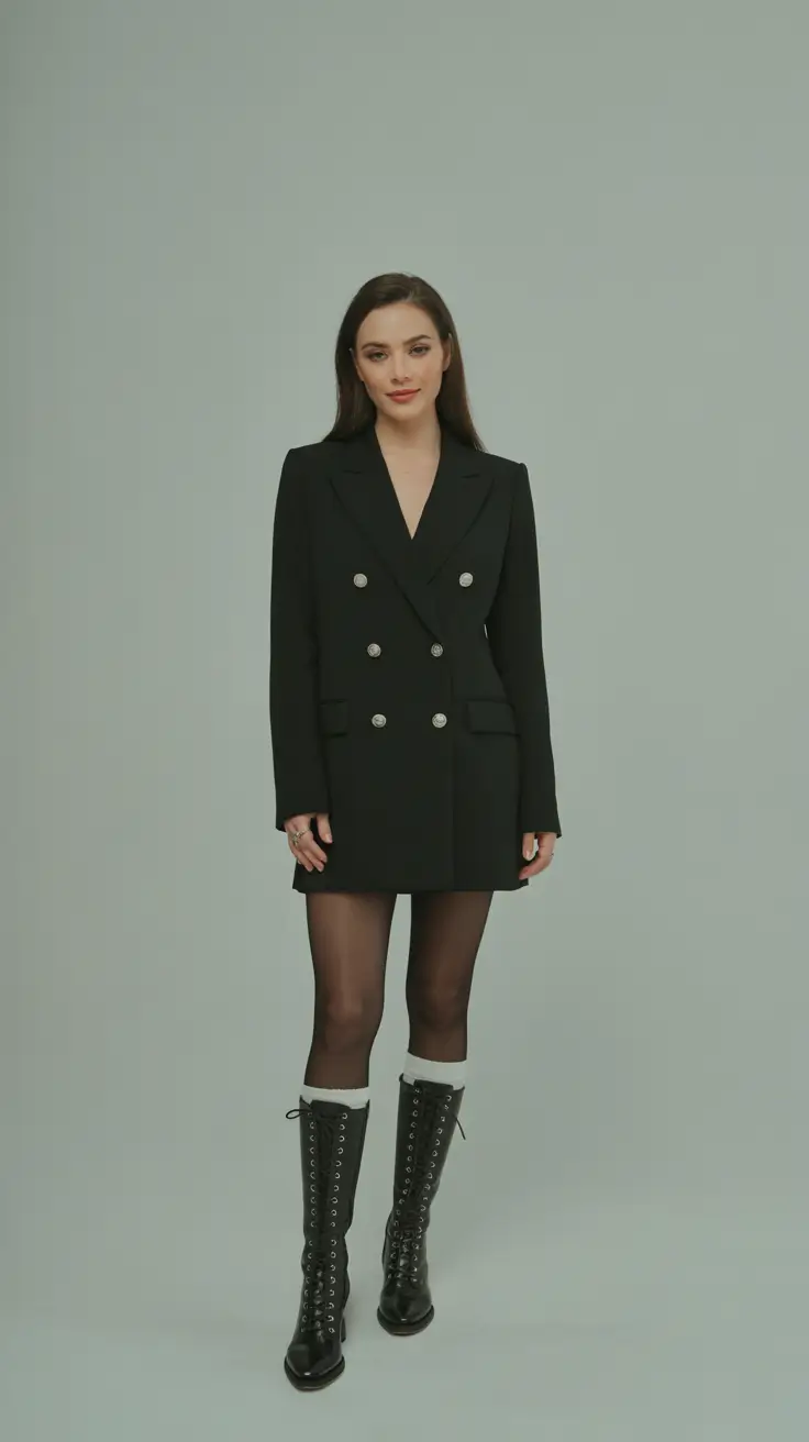 winter work outfits women Double-Breasted Mini with Lace-Up Boots