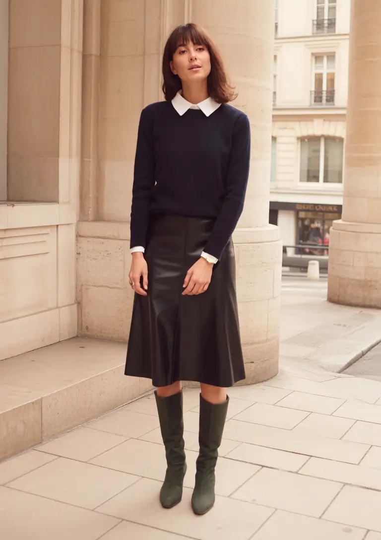 winter work outfits for women business casual Leather Skirt with Preppy Sweater