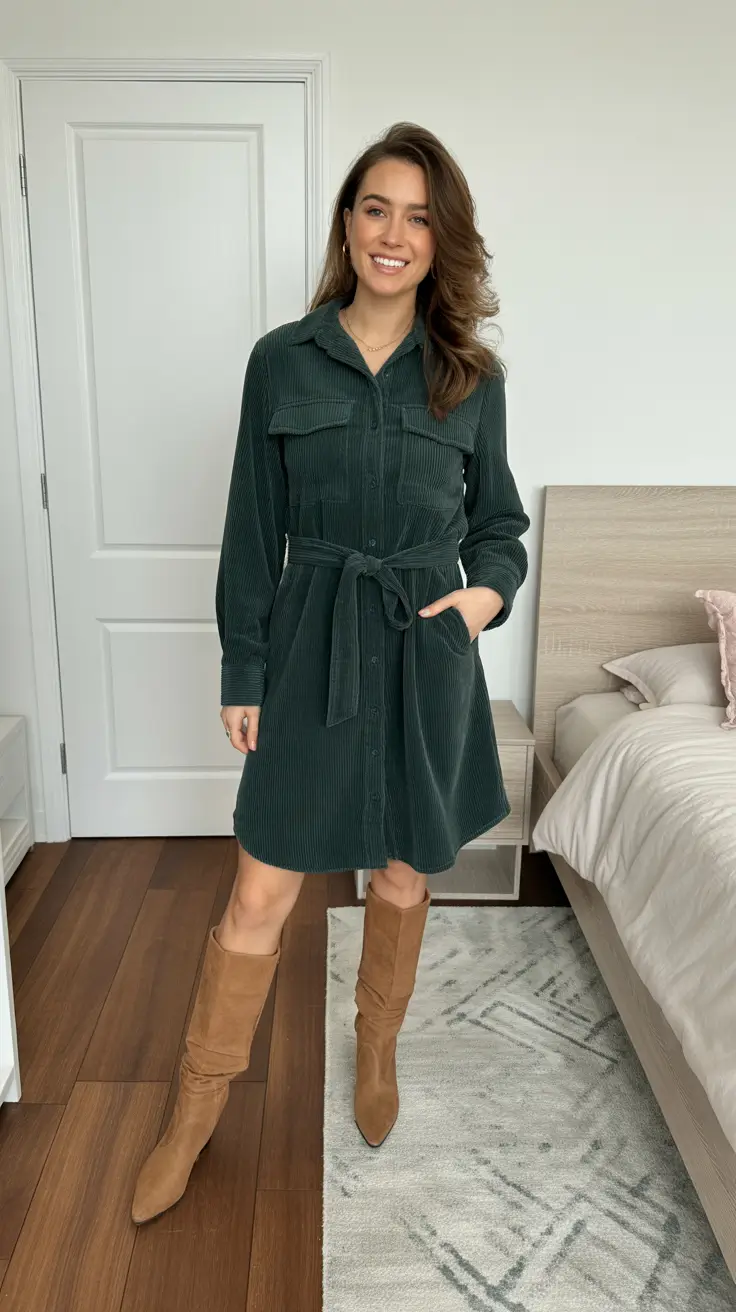 winter work outfits for women casual Corduroy Dress with Knee-High Boots
