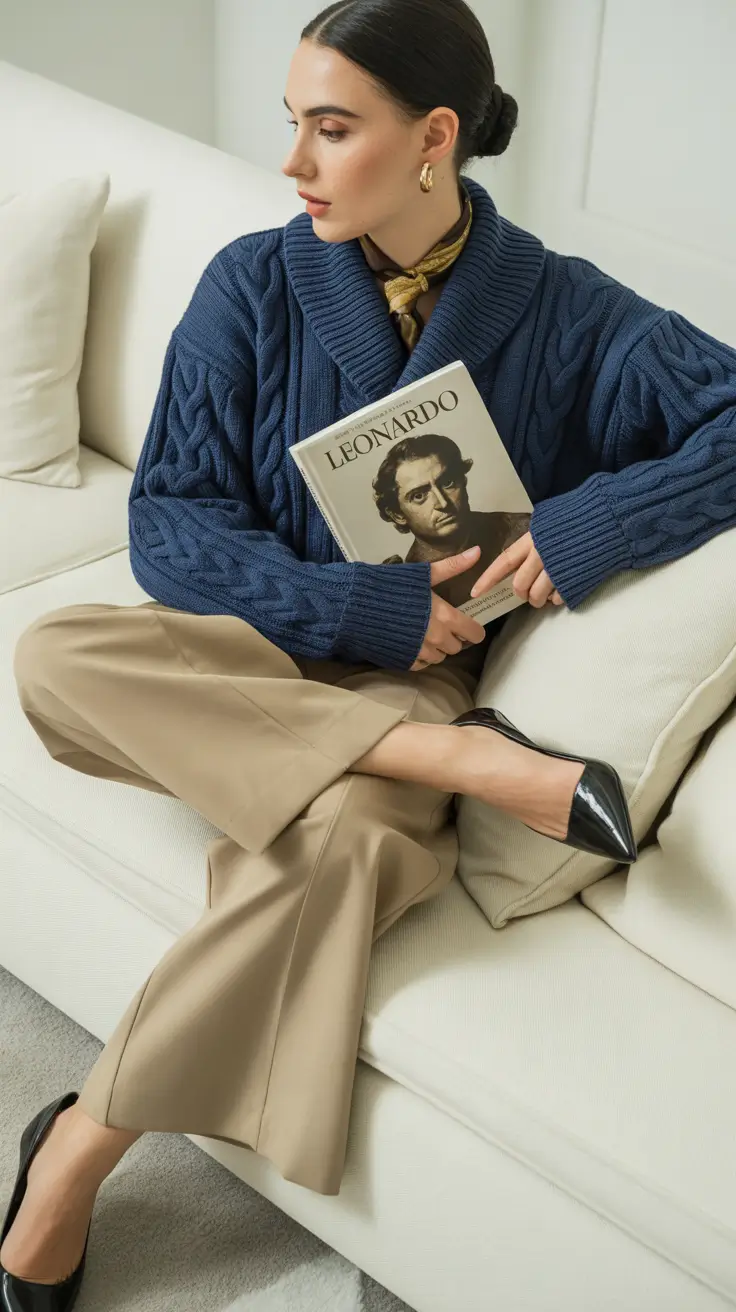 winter work outfits for women cold Cable Knit Sweater with Wide-Leg Trousers