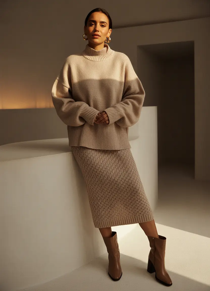 winter work outfits for women cold Monochrome Knit Set in Warm Neutrals