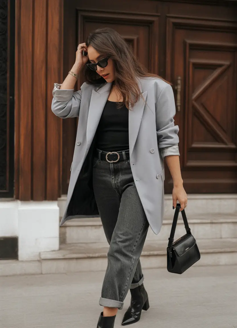 winter work outfits for women business Relaxed Blazer with Dark Denim