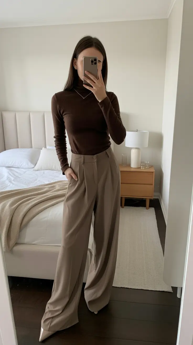 winter work outfits for women office Wide-Leg Trousers with a Fitted Turtleneck