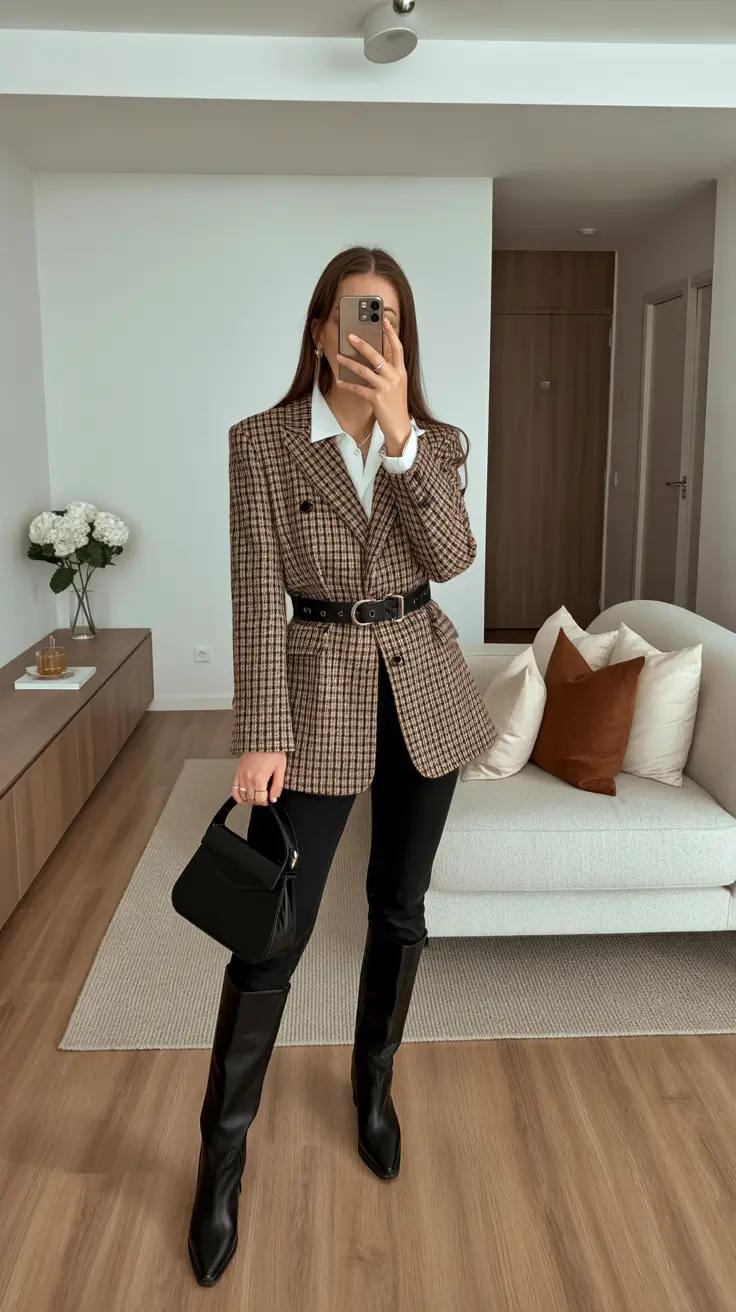 winter work outfits for women business Checked Blazer with Belted Waist