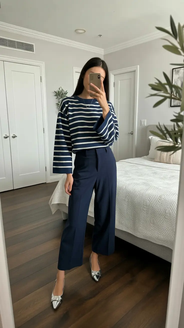 winter work outfits casual Striped Knit with Cropped Trousers