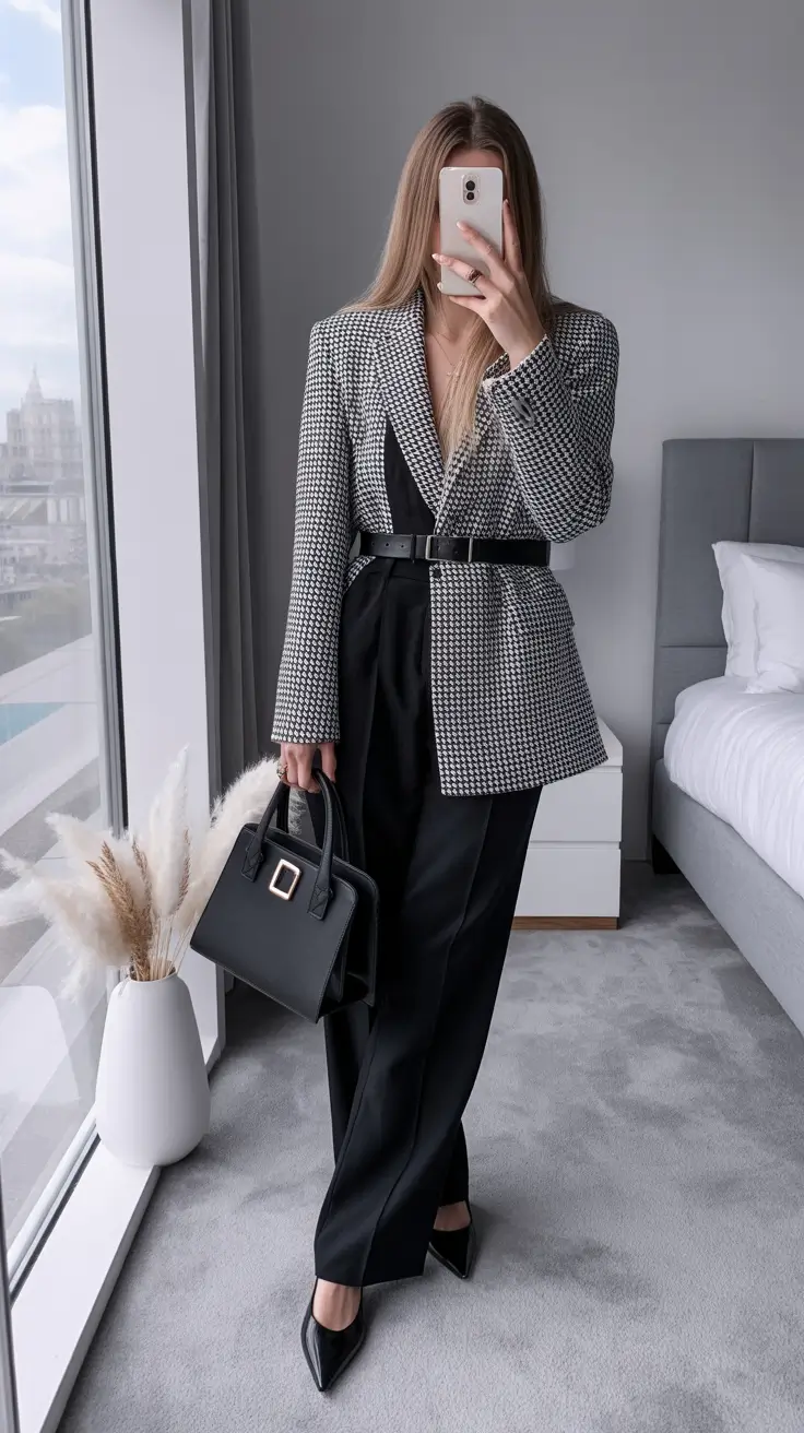 winter work outfits for women formal Houndstooth Blazer and Wide-Leg Pants