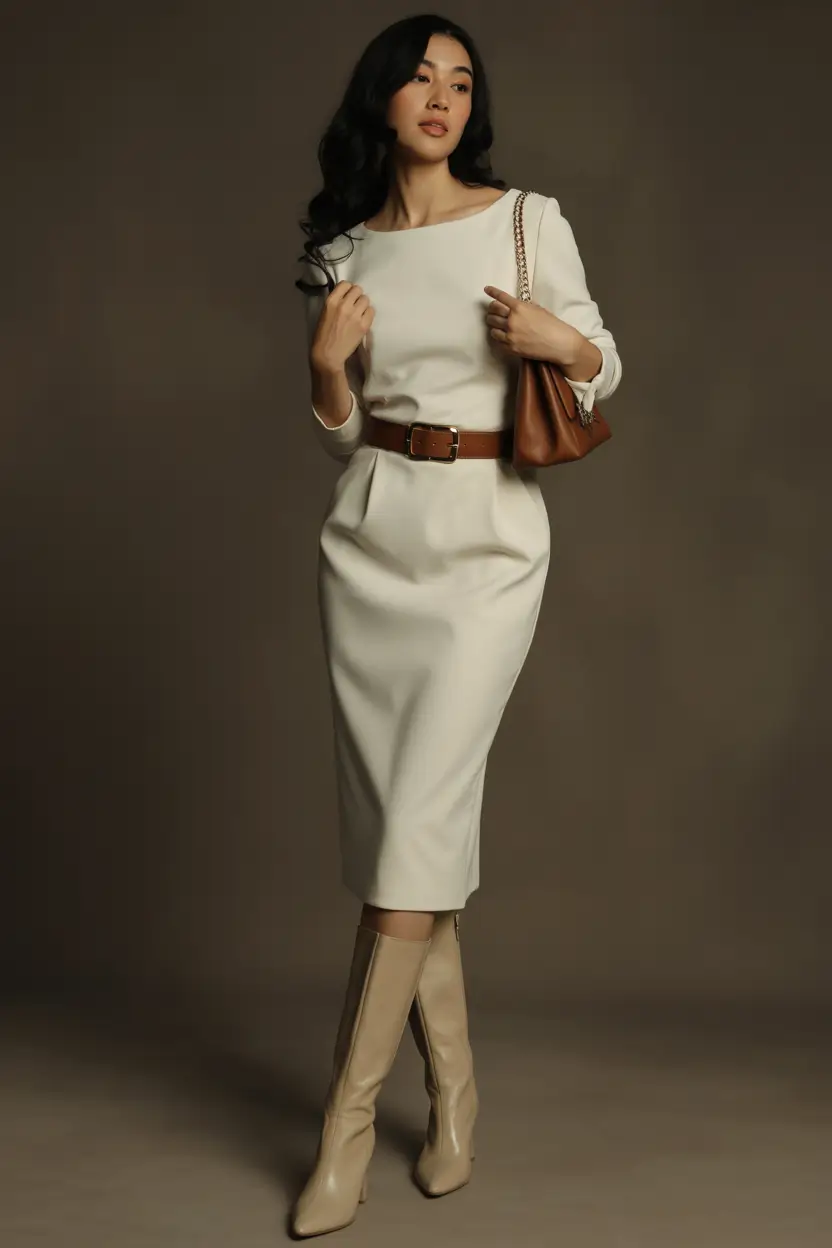 winter work outfits for women business Elegant Cream Dress with Tall Boots