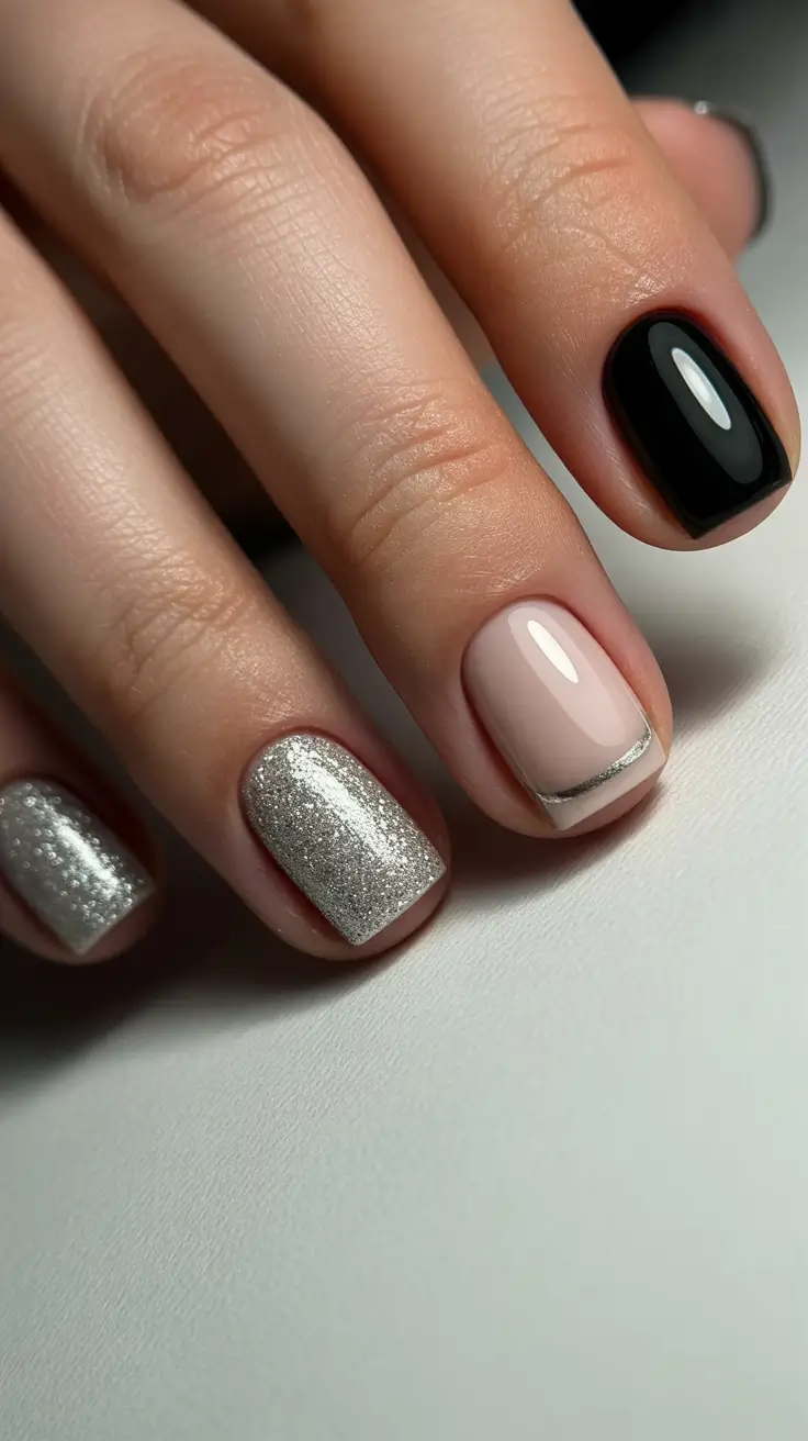 winter acrylic nails dark silver noir sophistication