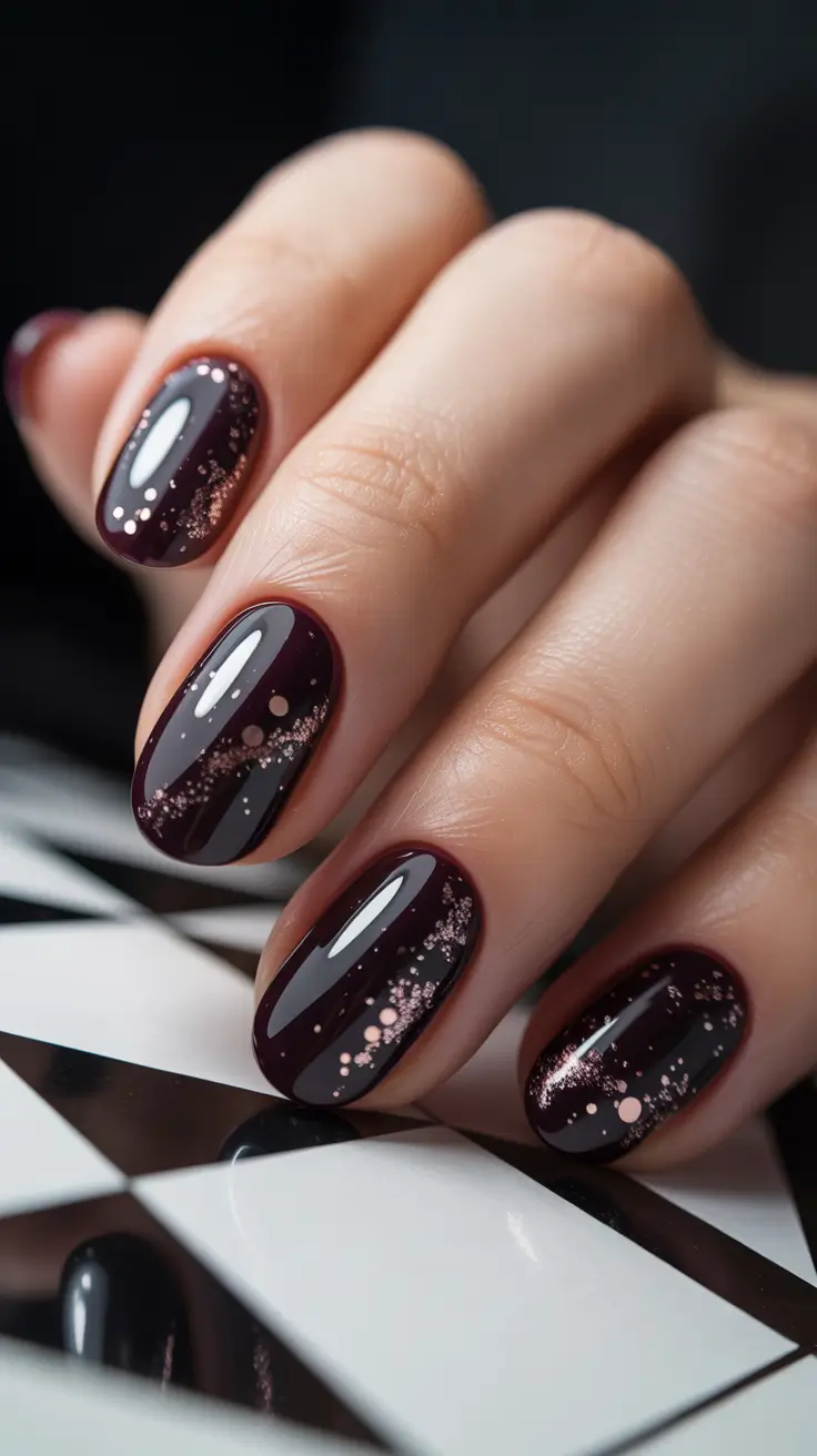 winter acrylic nails dark plum galaxy