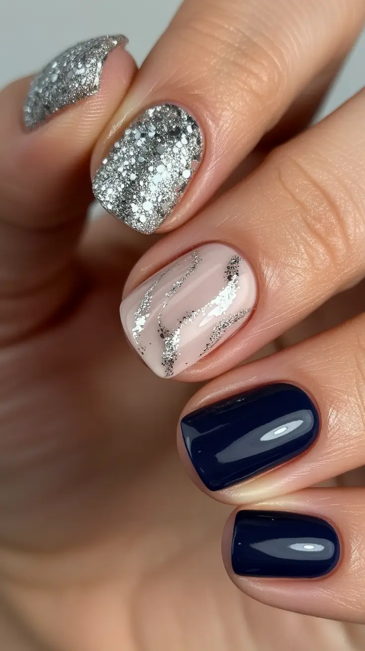 winter acrylic nails blue midnight glam with silver spark