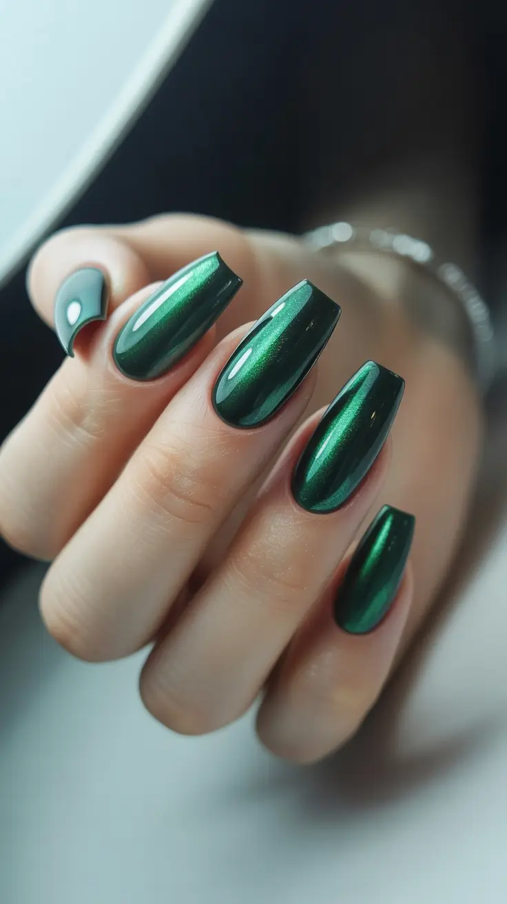 winter acrylic nails dark emerald moonlight