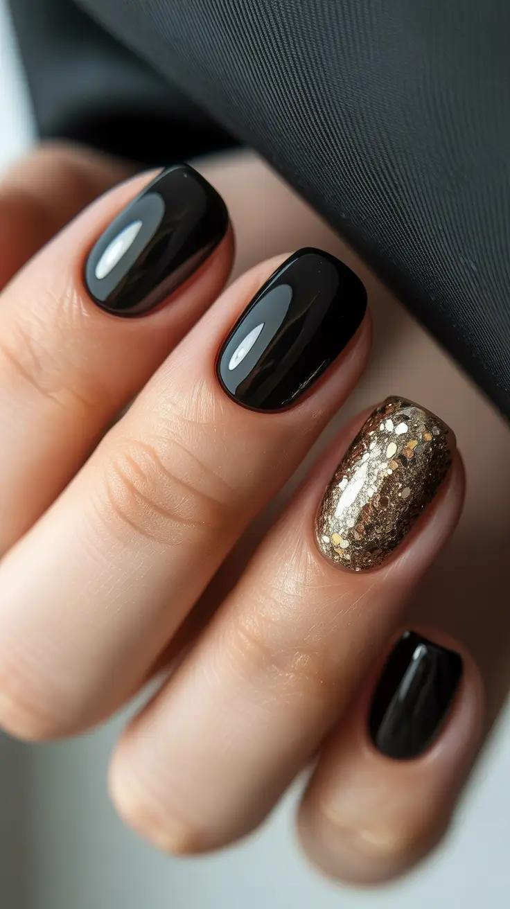 winter acrylic nails dark black and gold night out