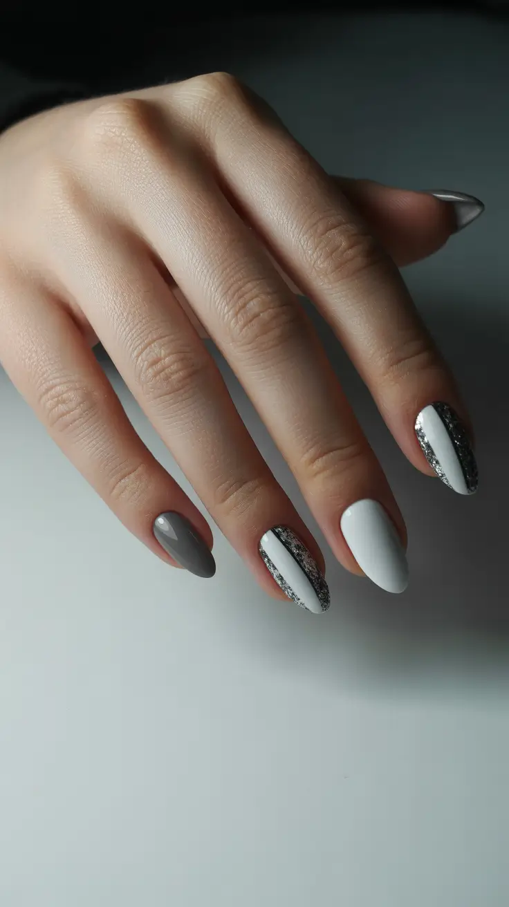 Almond nails and color ideas: winter 2025-2026 Minimalist Contrast in Gray and White Sparkle