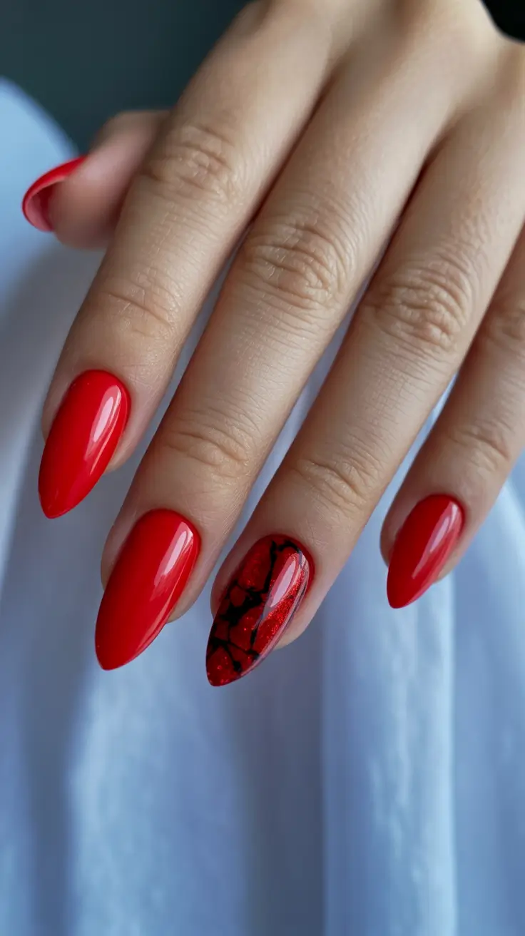 Almond nails and color ideas: winter 2025-2026 Crimson Marble Drama