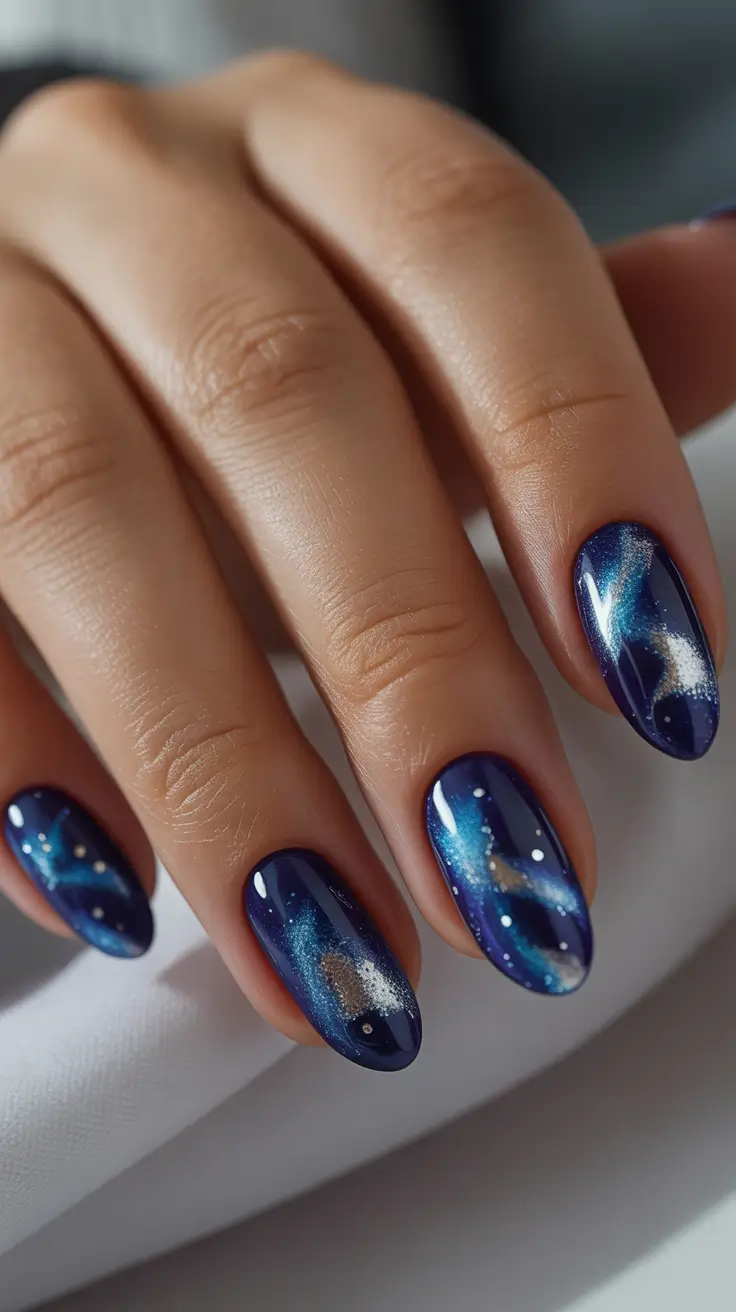 Almond nails and color ideas: winter 2025-2026 Midnight Galaxy Nails