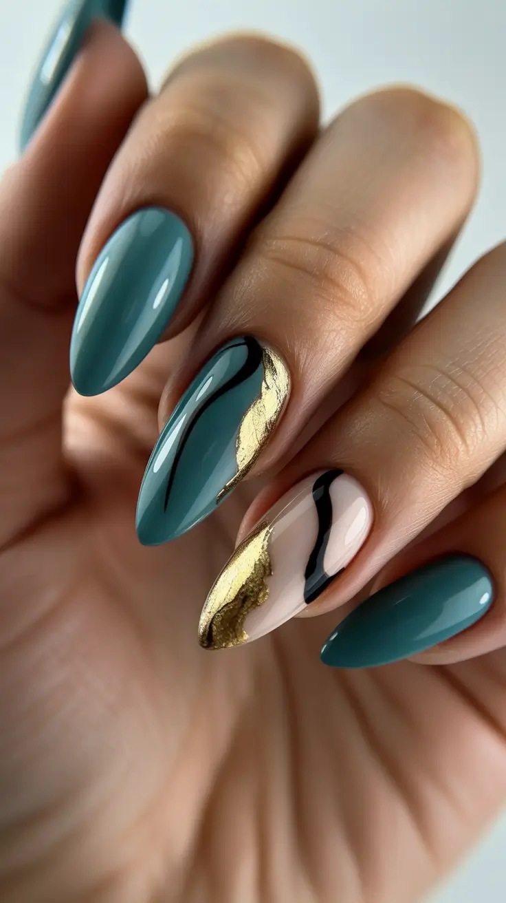 Almond nails and color ideas: winter 2025-2026 Emerald and Gold Fluid Art
