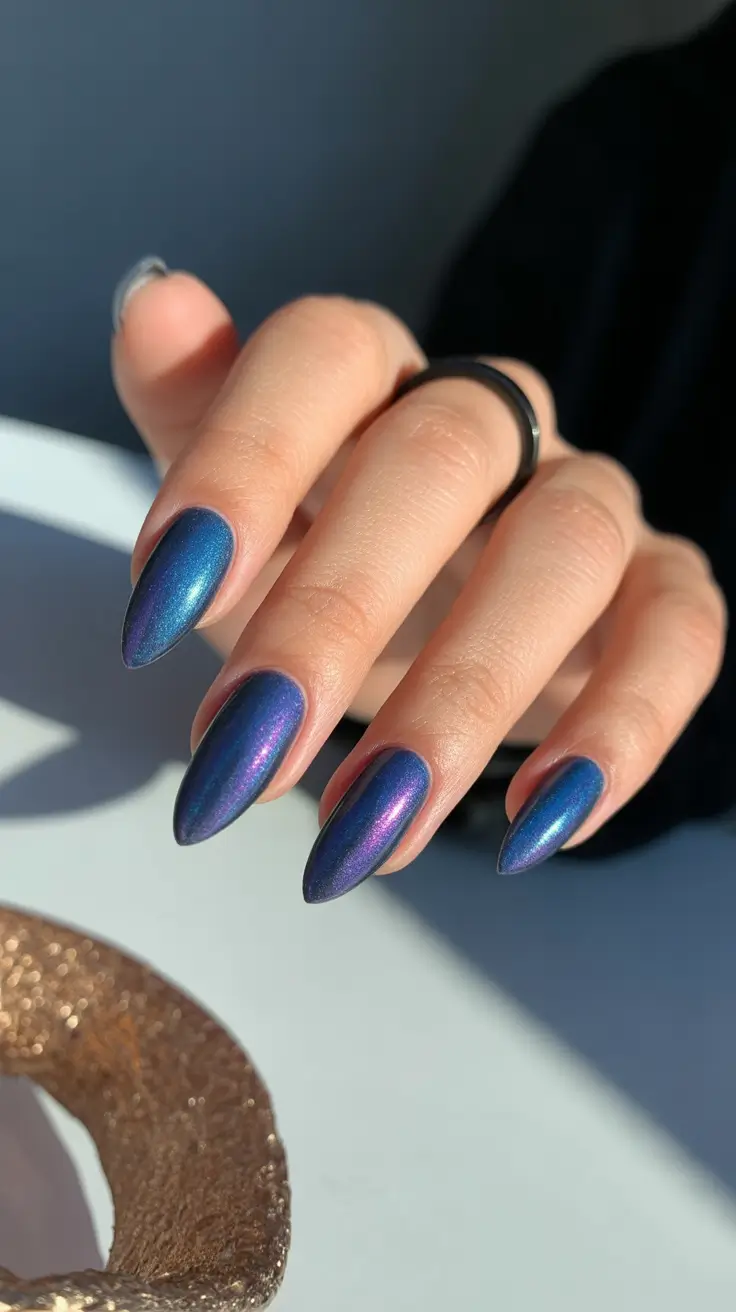 Almond nails and color ideas: winter 2025-2026 Deep Blue Metallic Glow