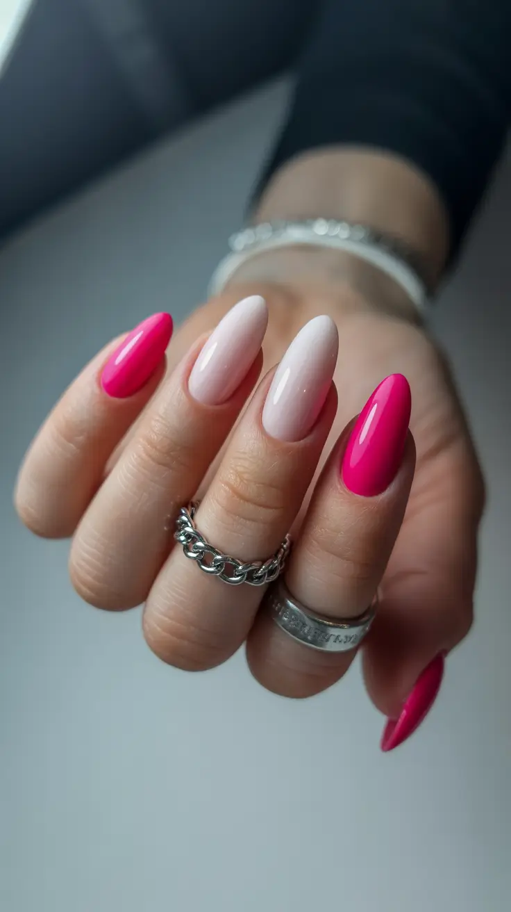 Almond nails and color ideas: winter 2025-2026 Pink Fade Dream