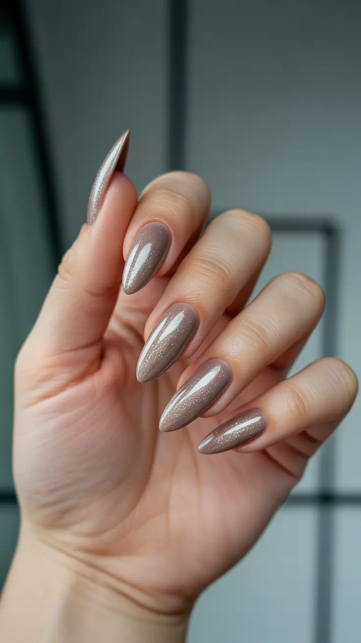 Almond nails and color ideas: winter 2025-2026 Taupe Shimmer Elegance