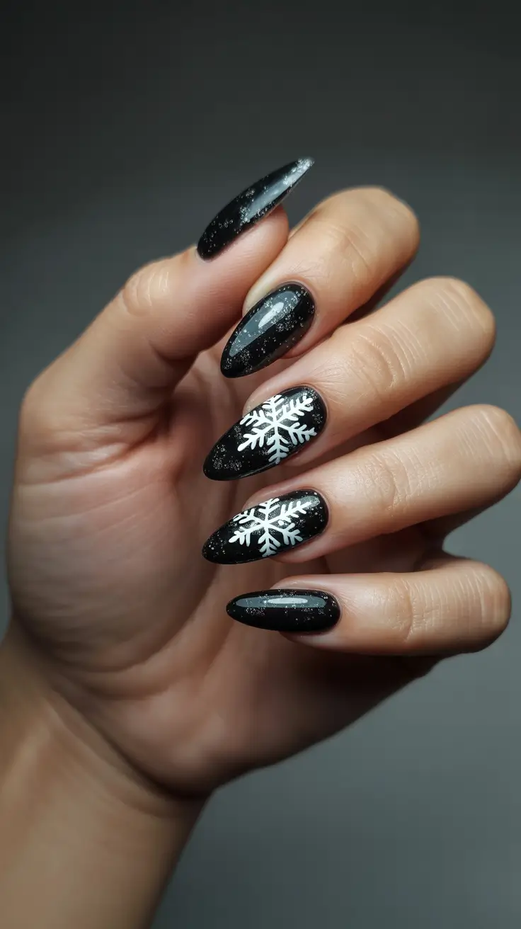 Almond nails and color ideas: winter 2025-2026 Midnight Snowflake Magic