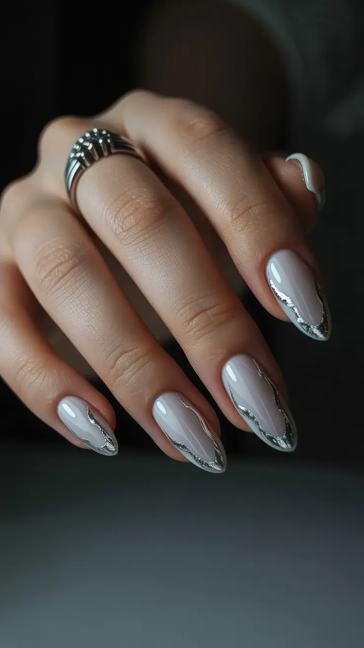 Almond nails and color ideas: winter 2025-2026 Silver-Tipped Frost