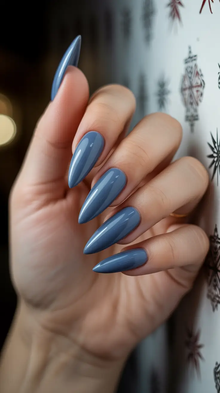 Almond nails and color ideas: winter 2025-2026 Dusty Denim Serenity