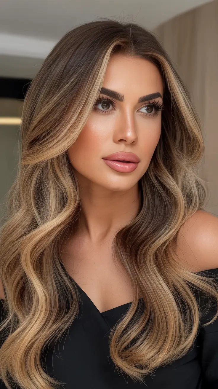 Balayage Hair Color for Winter 2025-2026 Warm Beige Balayage with Golden Contours
