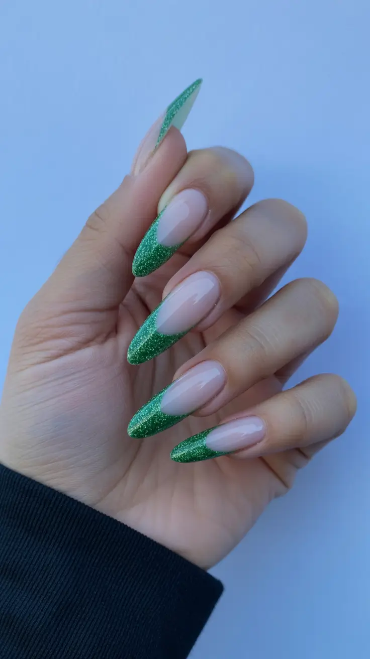 winter french tip nails almond Emerald Sparkle - The Green Stiletto Moment