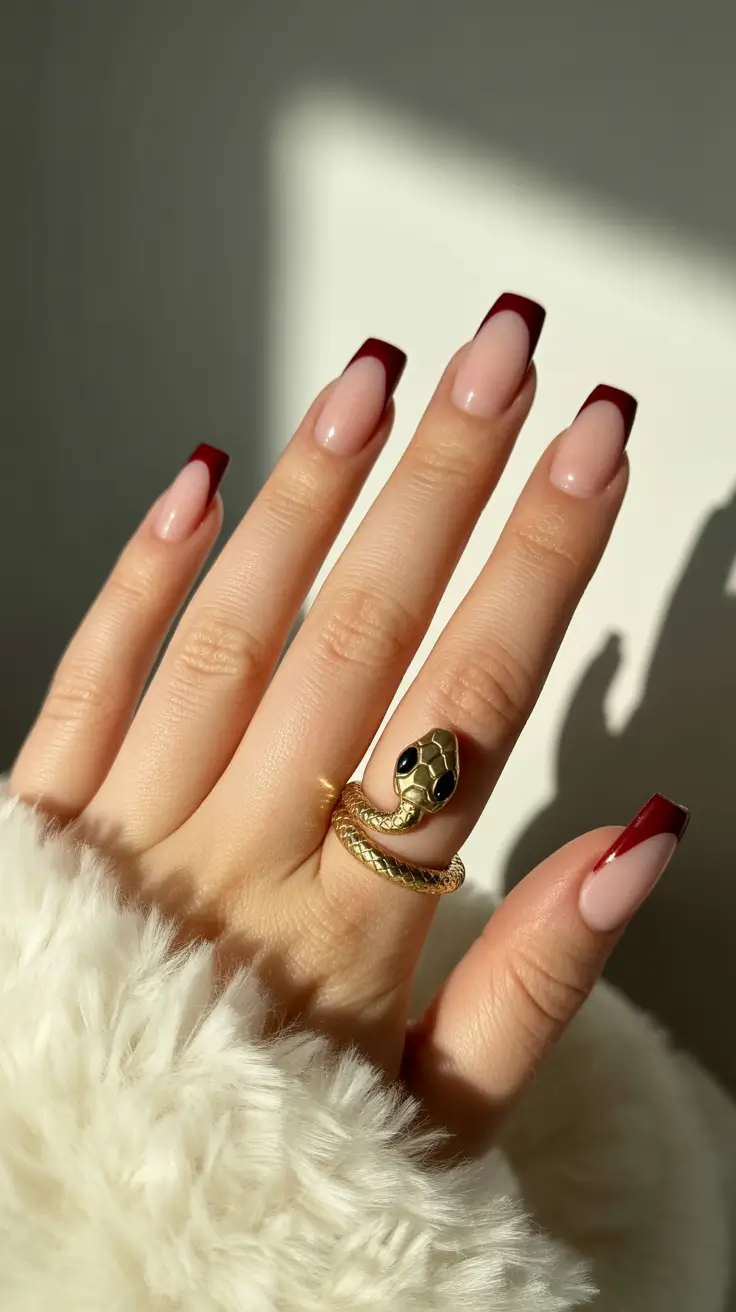 winter french tip nails 2025 Deep Ruby Elegance - Bold Yet Sophisticated
