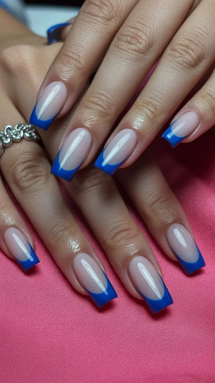 winter french tip nails square blue Royal Blue Confidence - Winter's Coolest Statement
