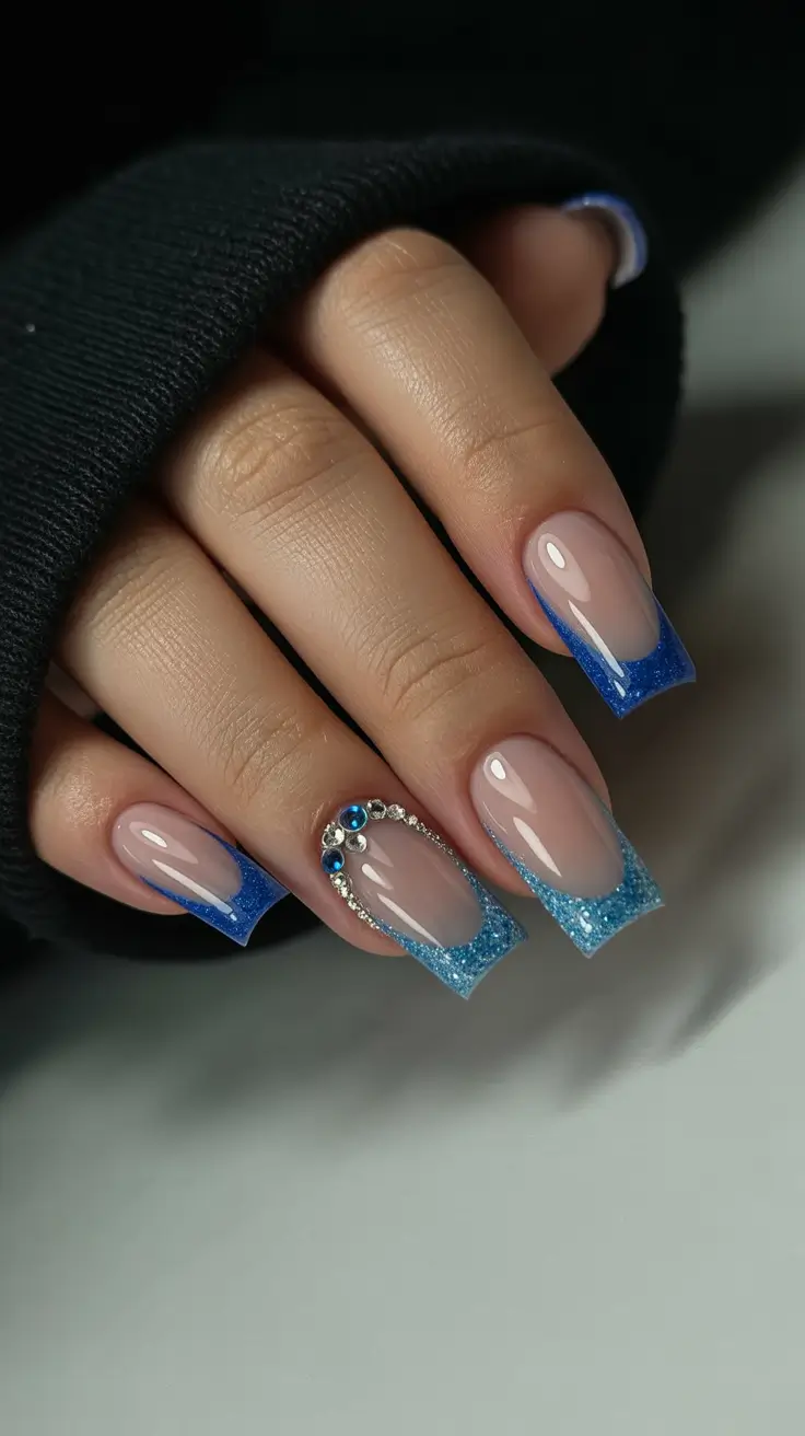 winter french tip nails square christmas Blue Sparkle French with a Touch of Glam
