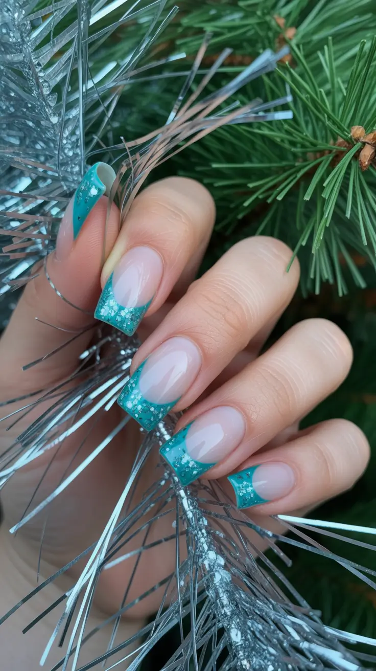 winter french tip nails almond shape Minted Frost - Teal French with Holiday Spark