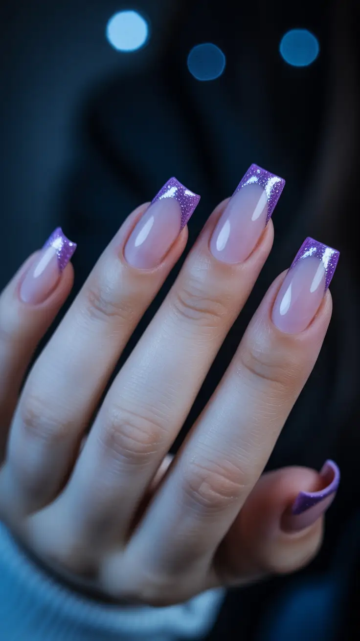 winter french tip nails coffin Lavender Ice - A Touch of Sparkle and Mystery