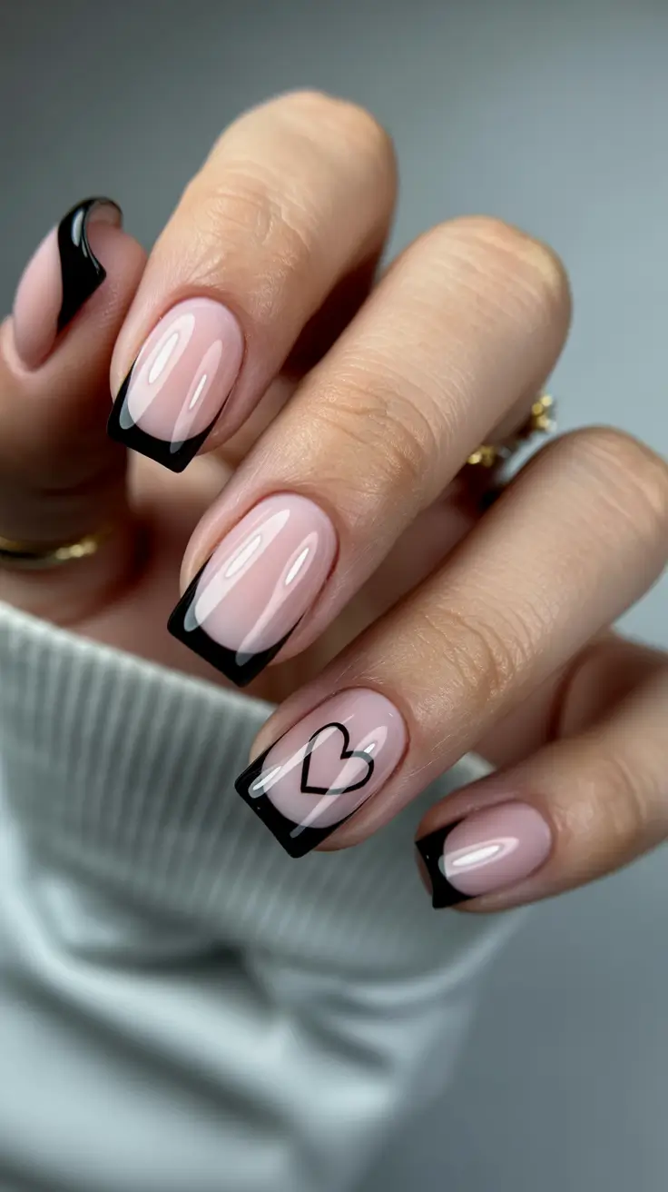 winter french tip nails classy Chic Black Heart French - Minimalist with an Edge