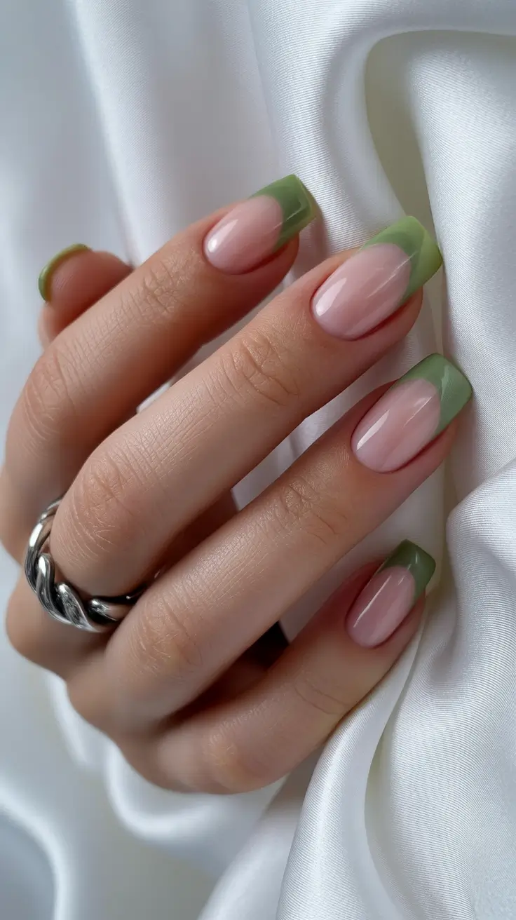 winter french tip nails almond shape Olive Frost - Green French Nails for Cozy Evenings