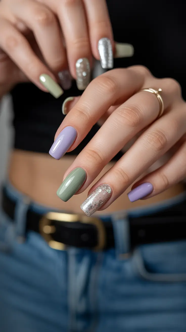 best winter nail colors 2025 - Frosted Sage and Lilac Harmony