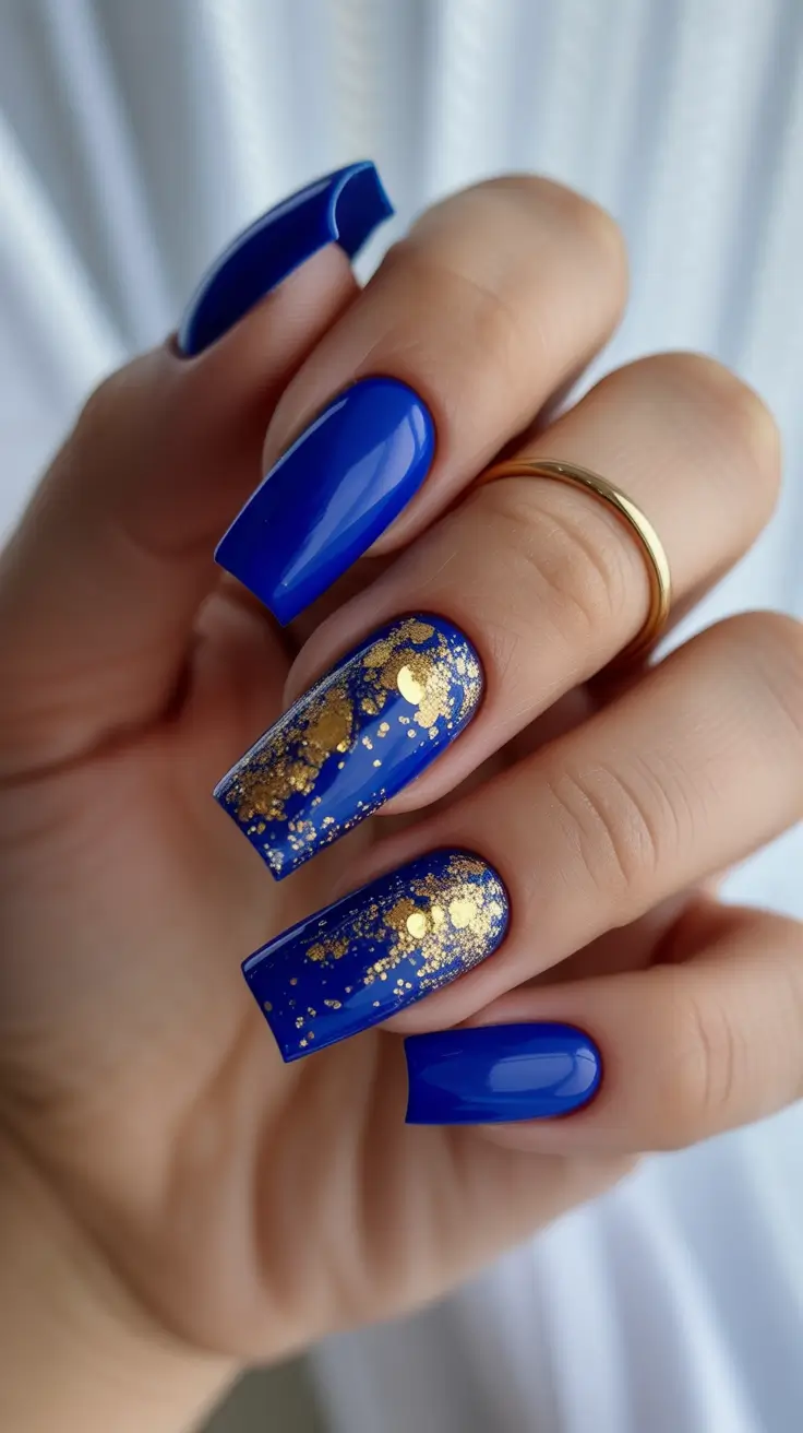 Blue Nail Trends for Winter 2025–2026 Royal Blue & Gold Winter Elegance
