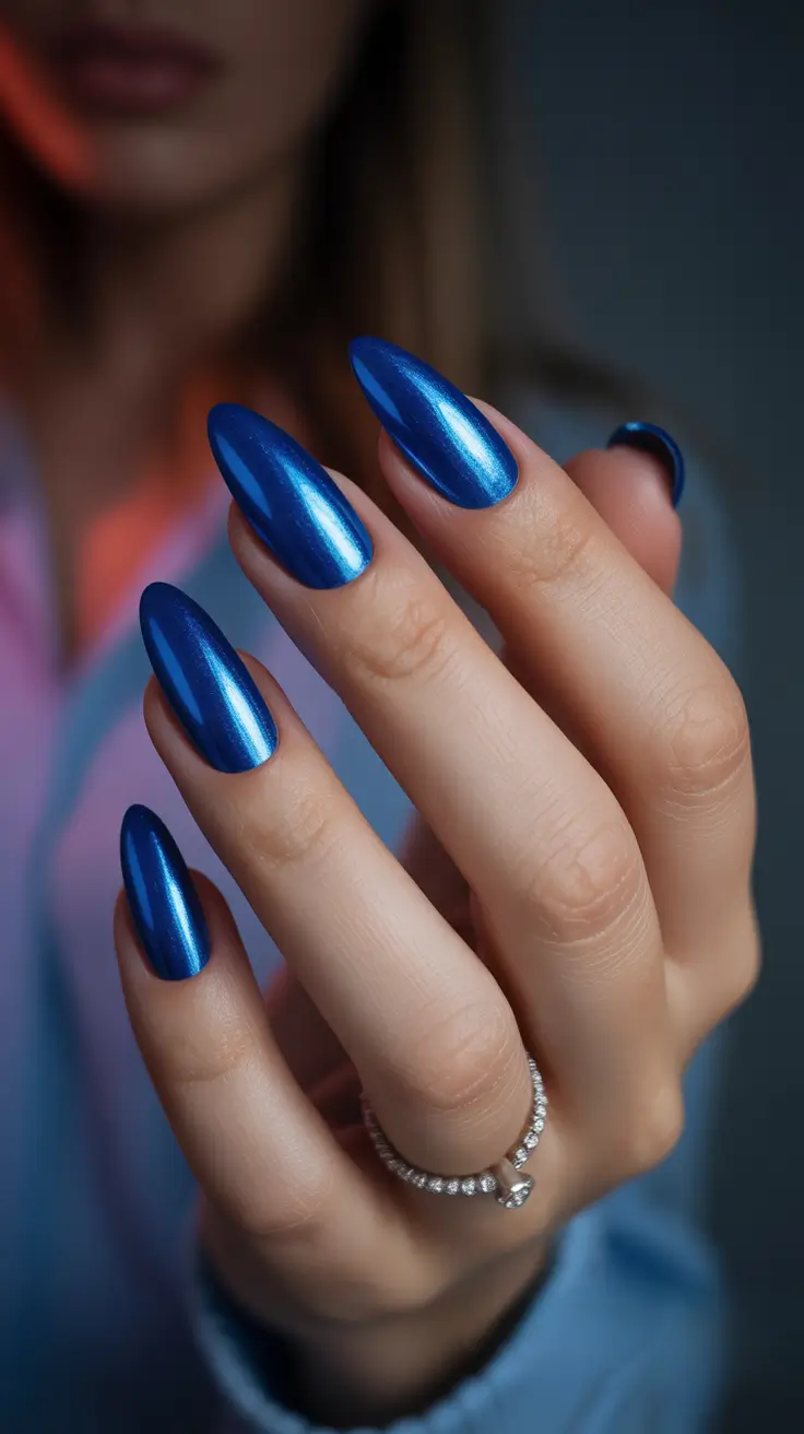Blue Nail Trends for Winter 2025–2026 Chrome Blue Almond Perfection