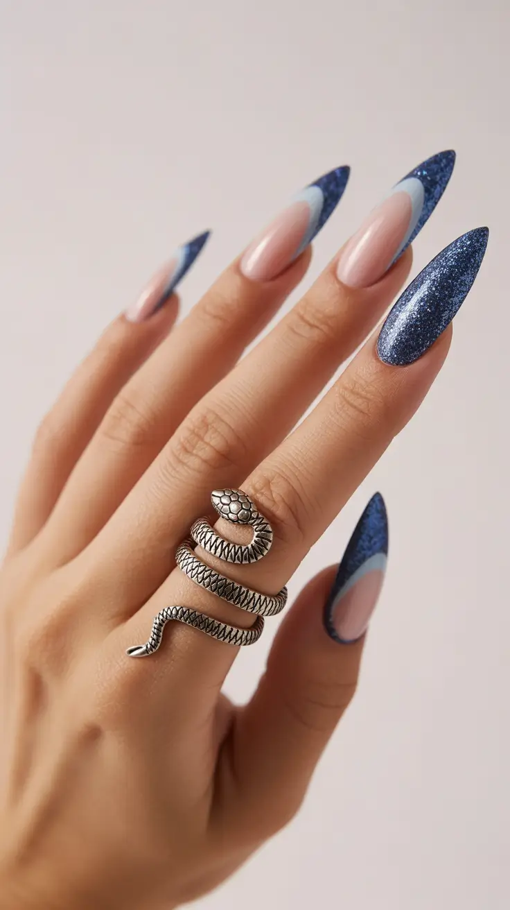 Blue Nail Trends for Winter 2025–2026 Frosted Midnight Glitter Edge