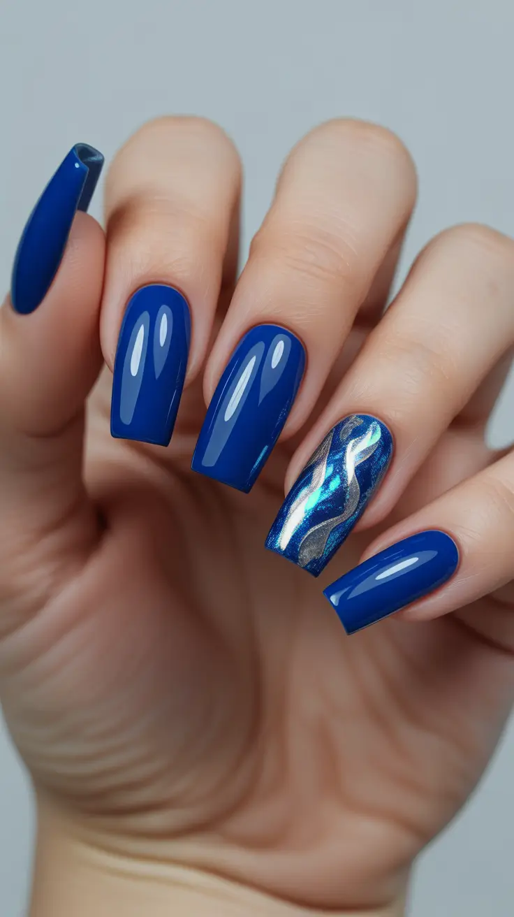 Blue Nail Trends for Winter 2025–2026 Electric Blue Wave Accent
