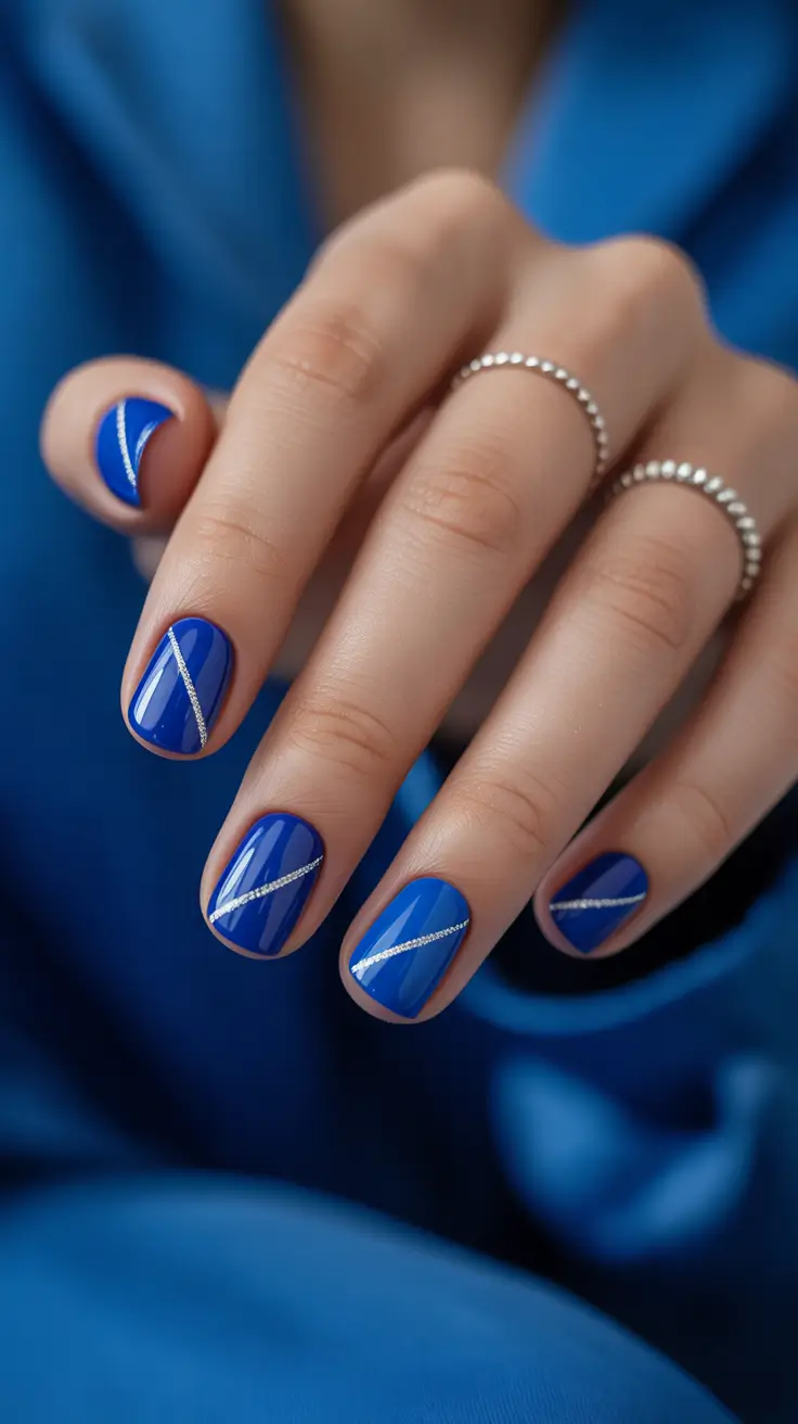 Blue Nail Trends for Winter 2025–2026 Diagonal Silver Frost