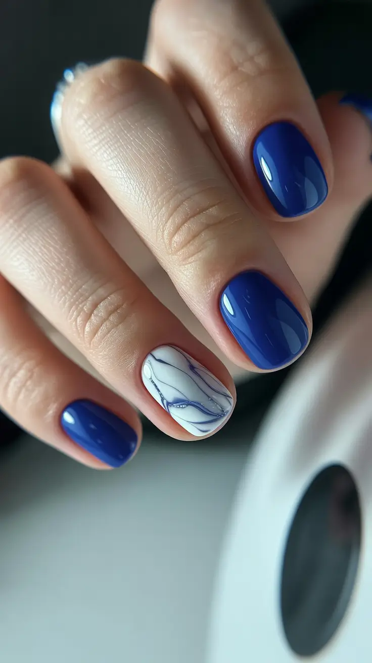 Blue Nail Trends for Winter 2025–2026 Short Blue Marble Cool