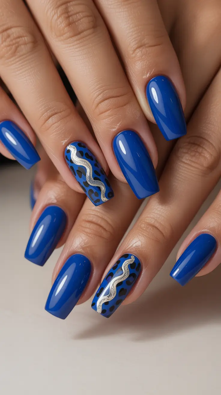Blue Nail Trends for Winter 2025–2026 Midnight Leopard with Silver Wave