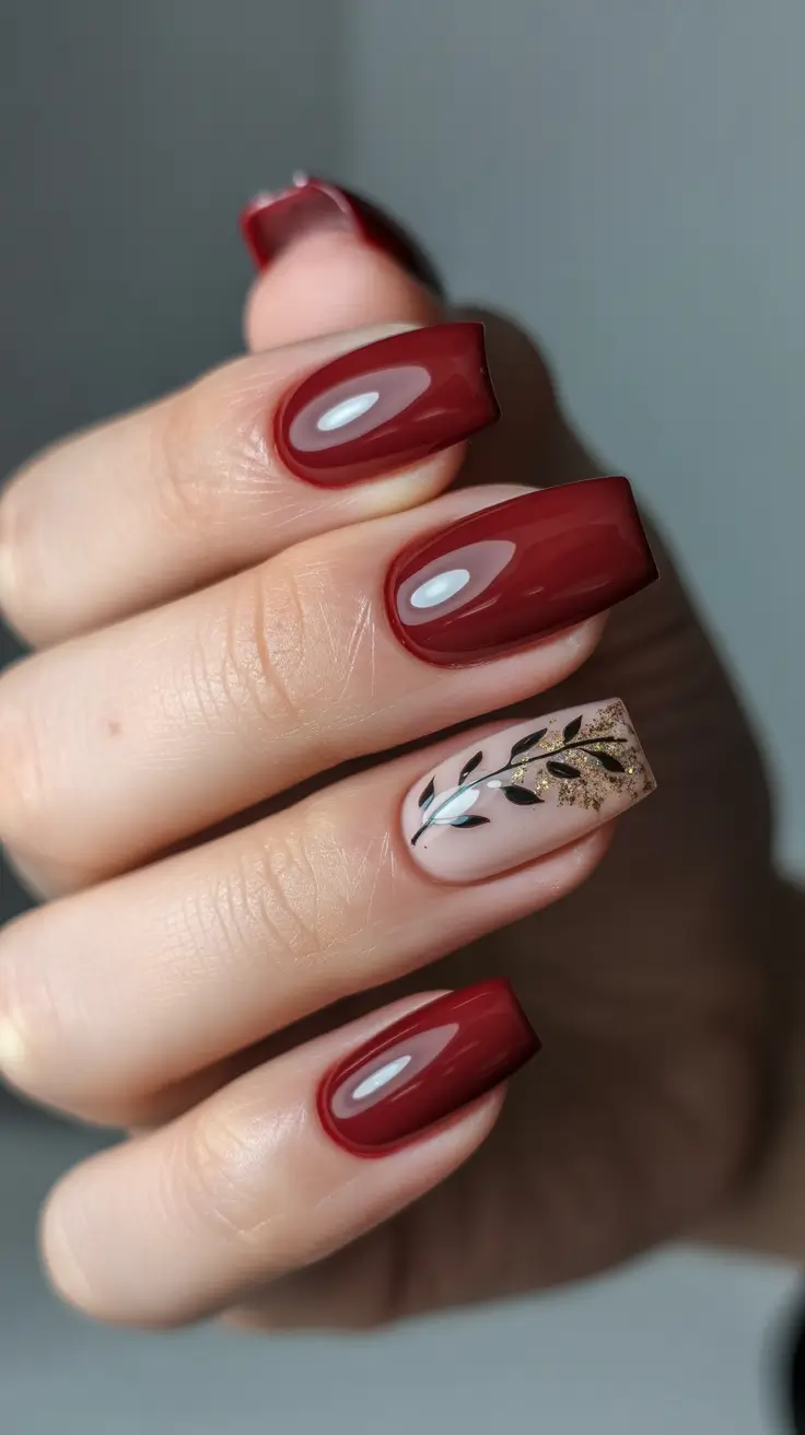 Burgundy Winter Nails Colors 2025–2026 Golden Leaf Elegance