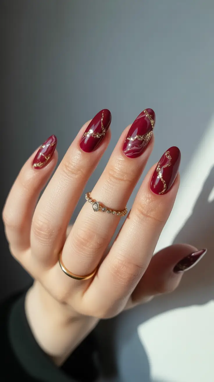 Burgundy Winter Nails Colors 2025–2026 Golden Vein Fantasy