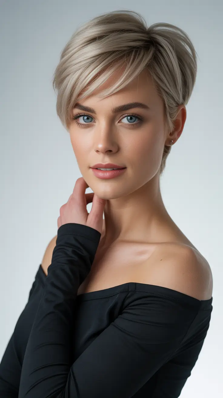 Chic Pixie Haircuts Winter 2025-2026 Inspiration Icy Champagne Pixie Sweep
