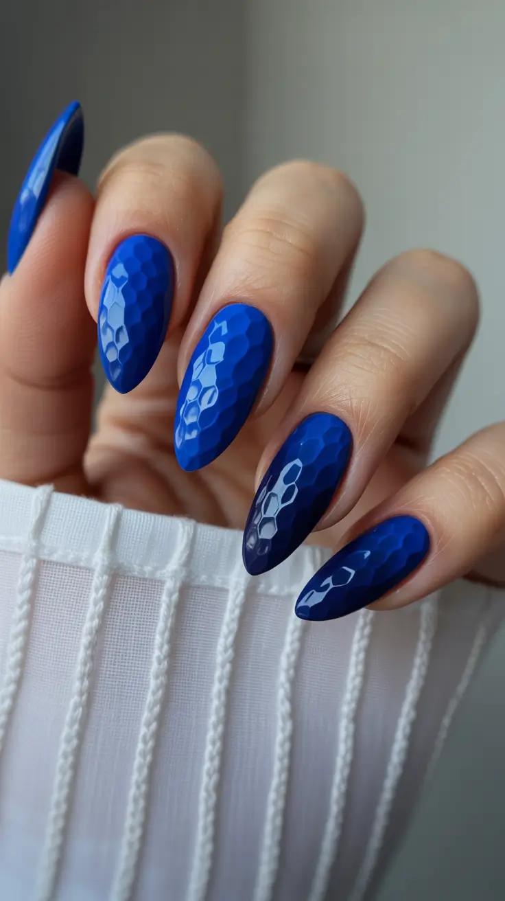 classy winter nails 2025 Royal Blue Gloss with 3D Texture