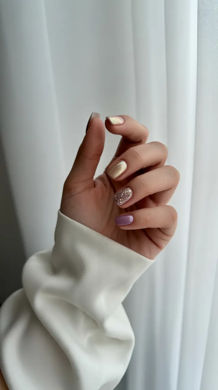 classy winter nails white Soft Pastel Glow with Golden Touch